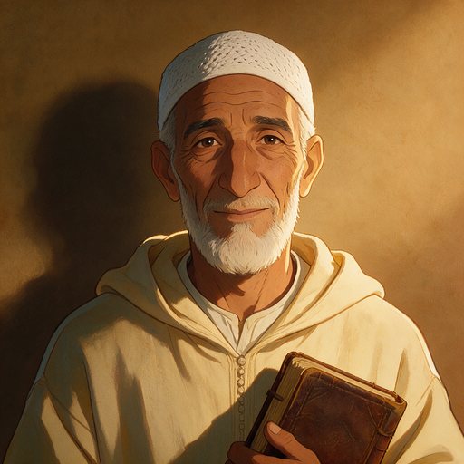 Portrait peint du mou'allim de Fès, barbe blanche, un livre à la main