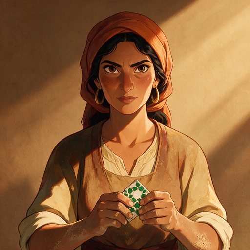 Portrait peint de l'artisane de Marrakech, un carreau de zellige entre les mains